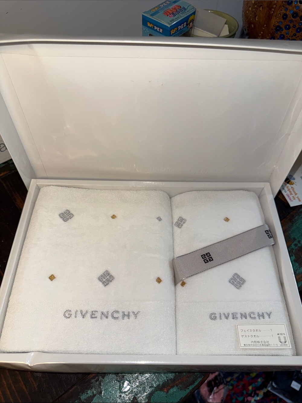 Givenchy White Towels with Gray Logo and Gold Accent Embroidery